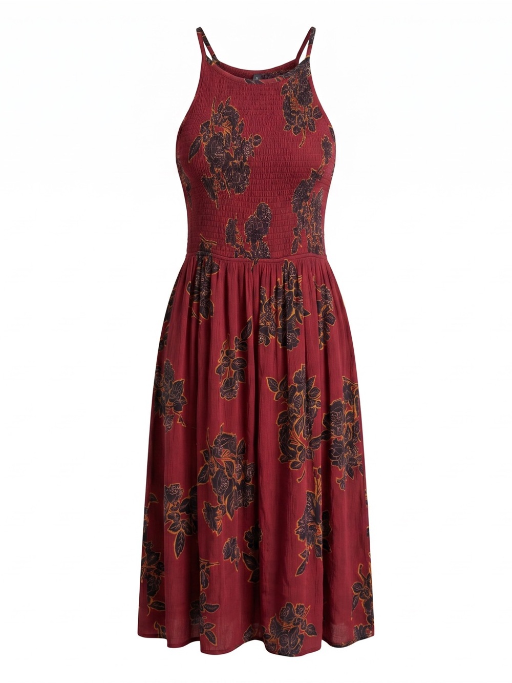 ☀️ Massini • Burgundy Floral Smocked Waist Midi Sundress • women’s Small